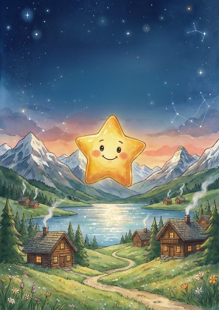 Sternli verzaubert die Schweiz – Kinderbuch-Cover, goldener Stern über Schweizer Alpenlandschaft
