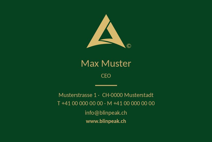 Visitenkarte Blinpeak – grün-goldenes Corporate Design